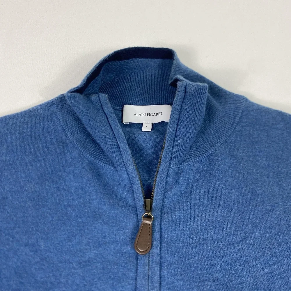 Alain Figaret Sweater Mens Large Blue 1/4‎ Zip Mock Neck Elbow Patch Knit